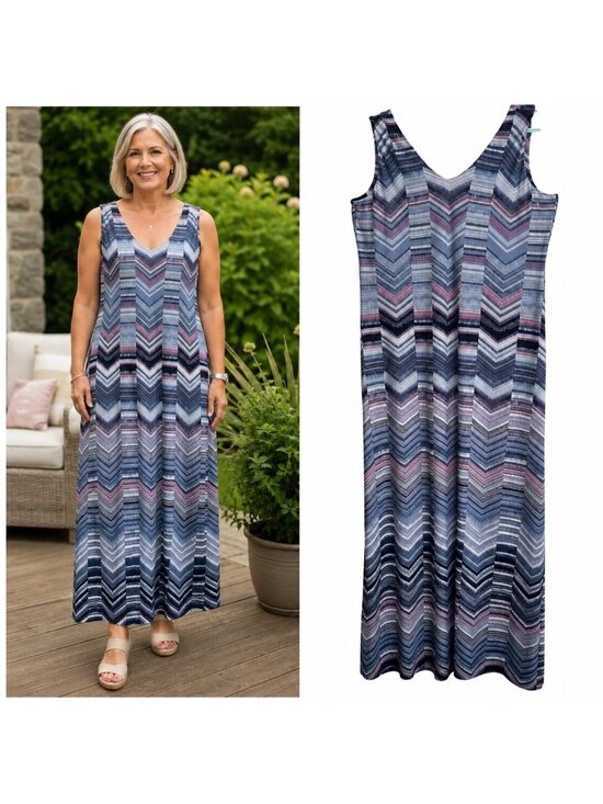 Chico's Dresses & Skirts - NWT Chicos Knit Maxi Dress Size 3 Petite 3P (US 16) Blue Chevron Stretch Resort